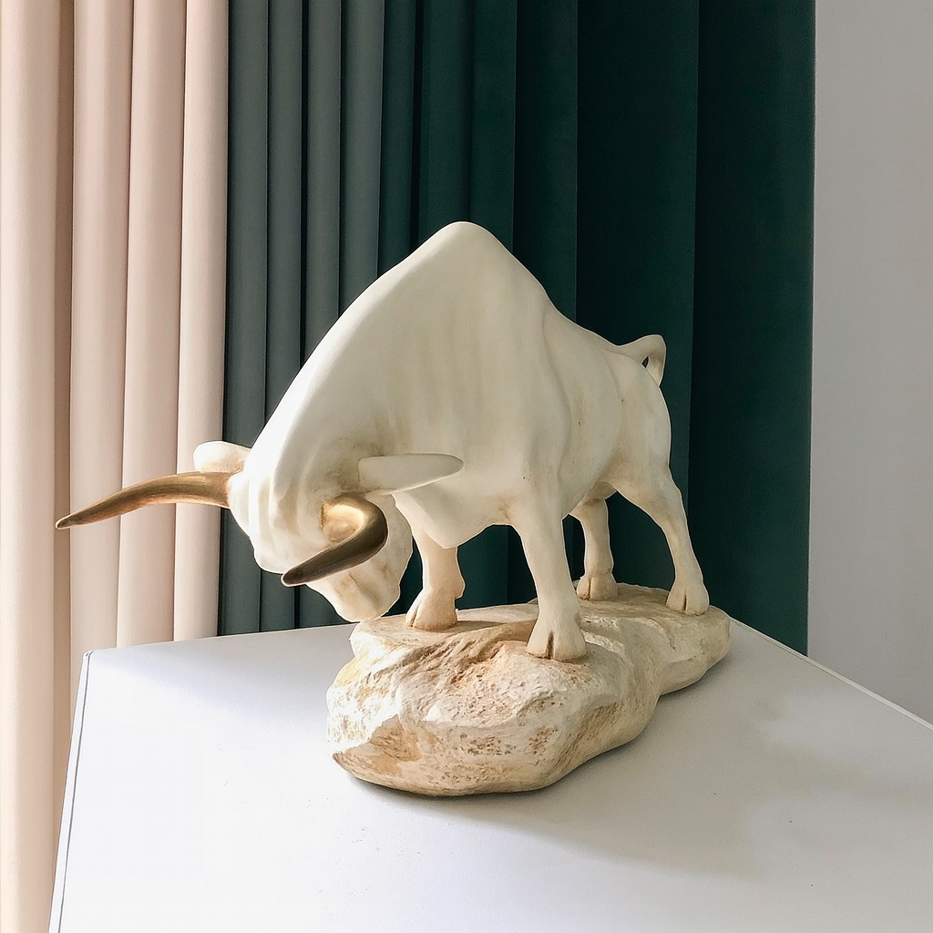 Premium Stock Market Off-White Bull Sculpture – Symbol of Power, Strength & Success